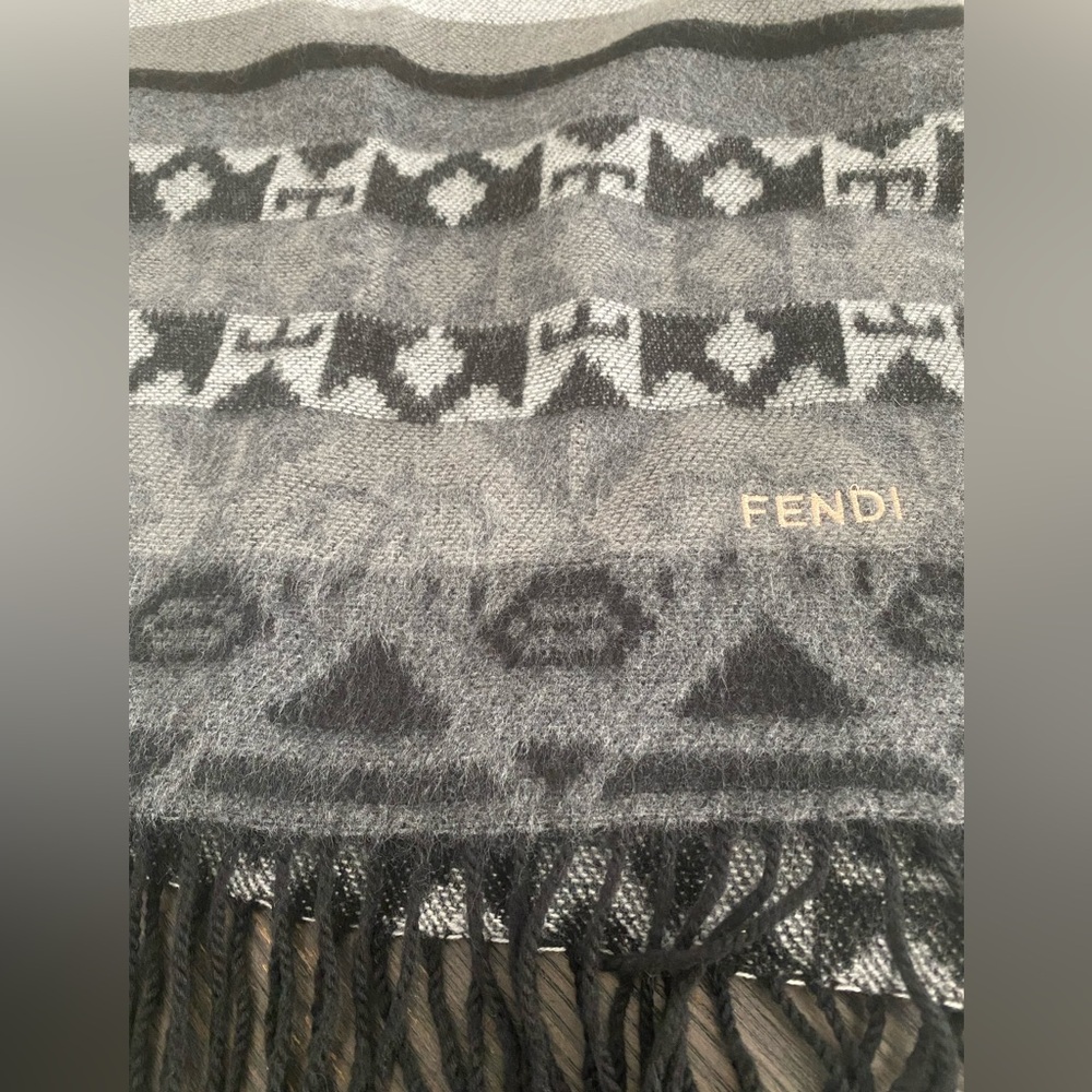 Vintage Fendi Scarf Shawl Large Gray Black With Fringe